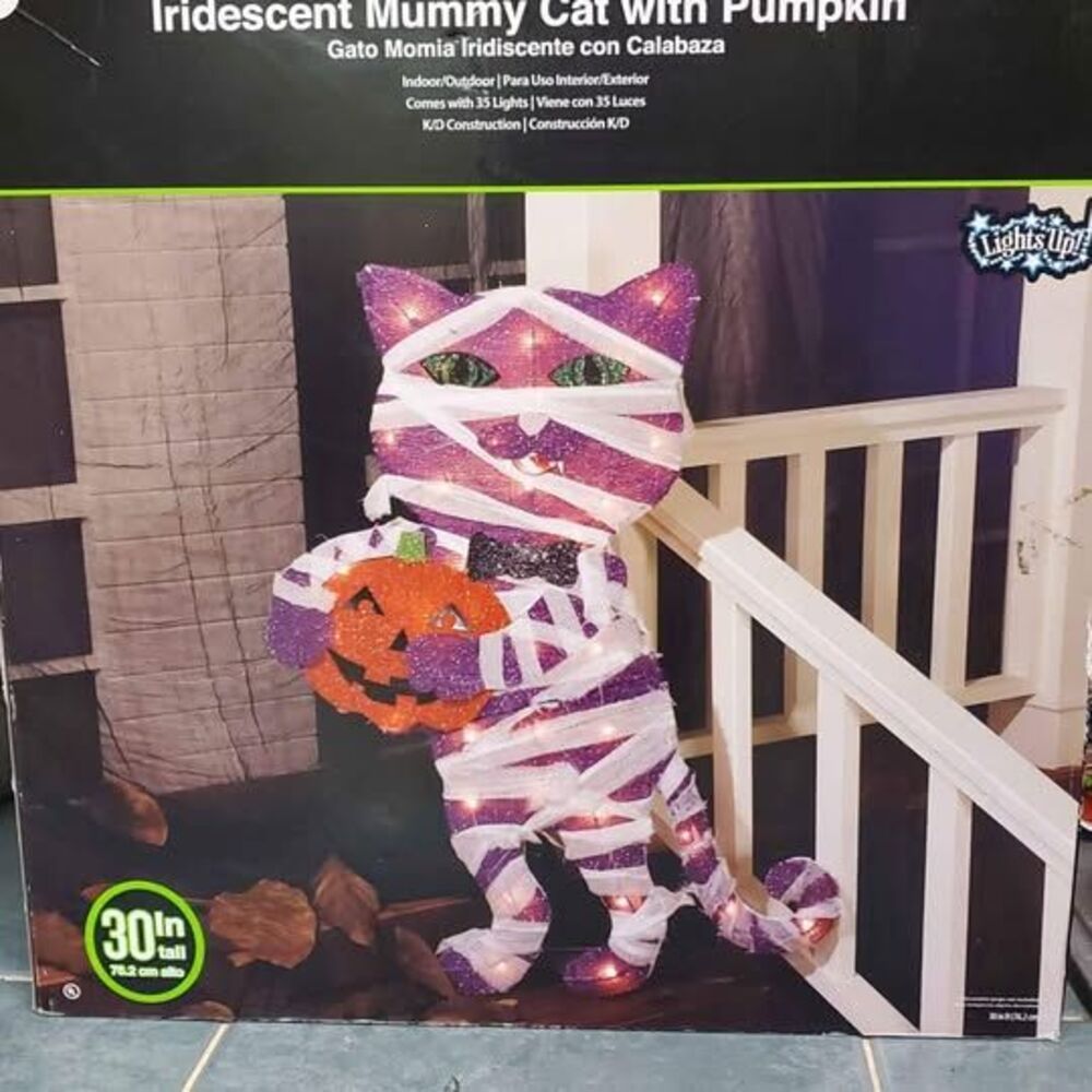 Iridescent Mummy Cat Pumpkin Light Up Tested Walmart NIB Halloween